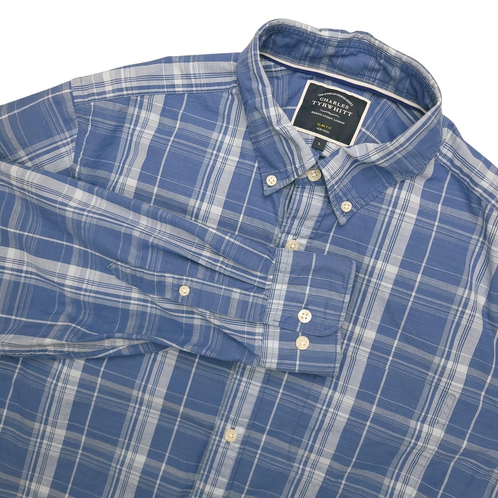 Charles Tyrwhitt Shirt Mens Large Blue Plaid Long Sleeve Button Down Non Iron